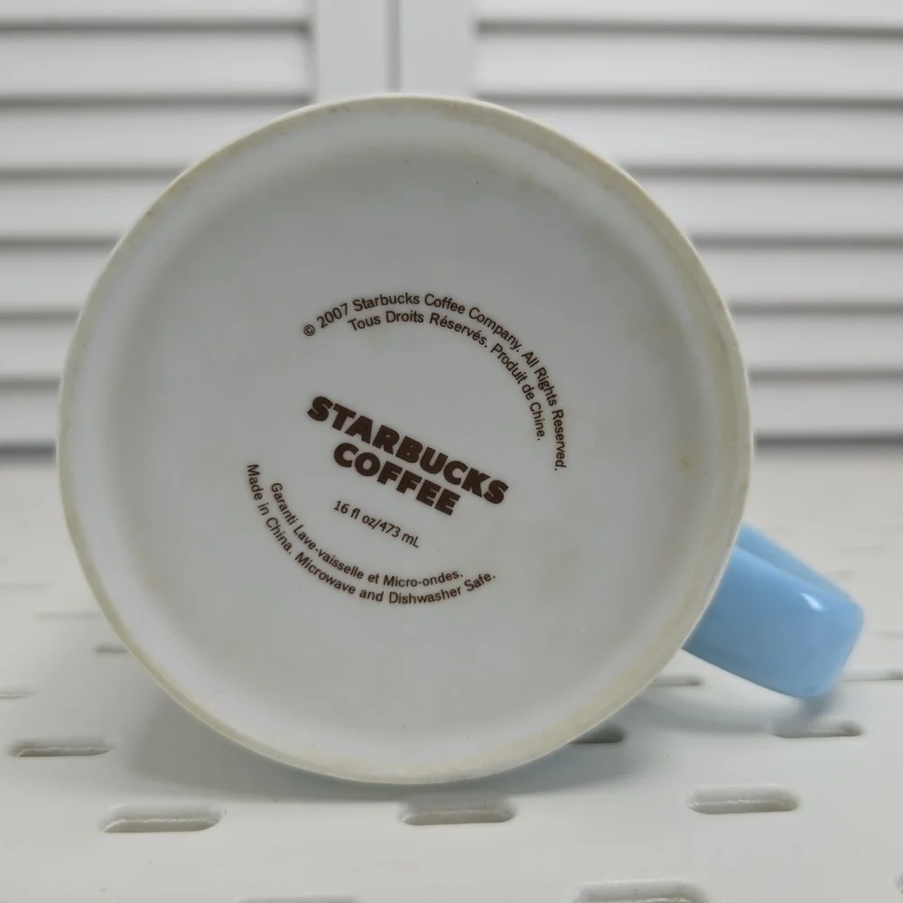 STARBUCKS Coffee Mug‎ 16oz 2007 Blue Handle Retro Typography Y2K Café Collectors